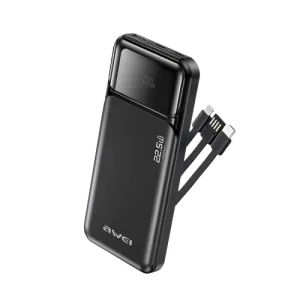 Awei PA-91 10000mah 22.5W Fast Charging Power Bank with Built‑in Cable (BLACK)
